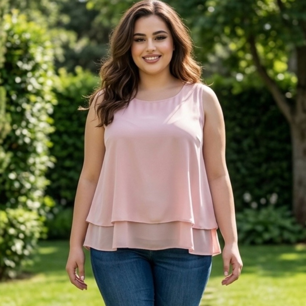 2 for $30 ✅Plus Size Blush Pink Sleeveless Layered Chiffon Tank